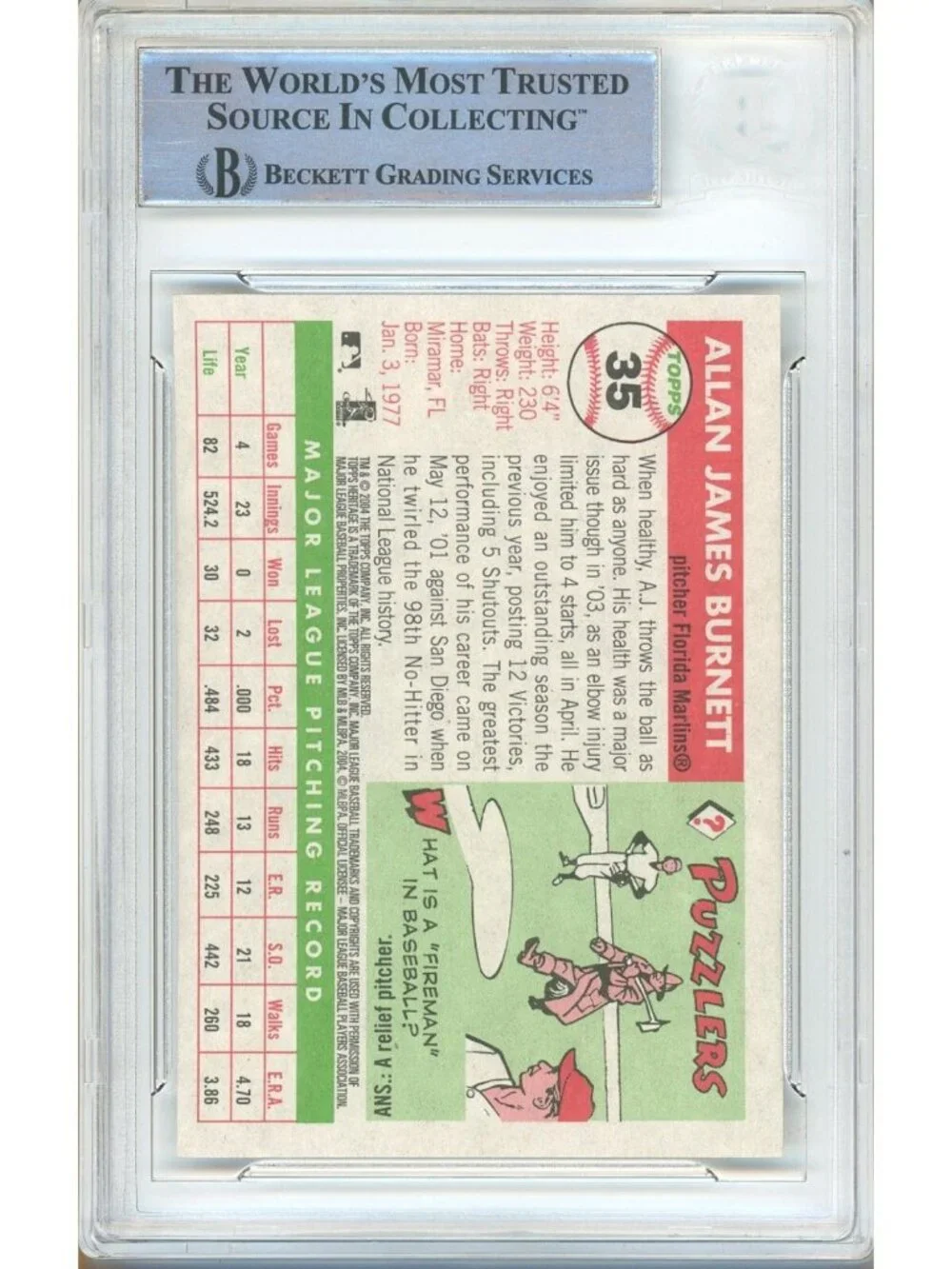 AJ Burnett Signed 2004 Topps Heritage #35 Marlins Baseball Card BAS Slabbed